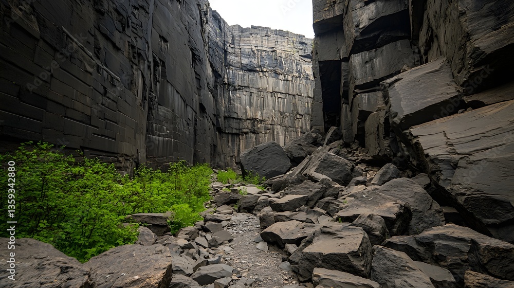 Poster Weathered rugged rock formations in a remote natural setting with embedded sensors for real time geological data monitoring and research