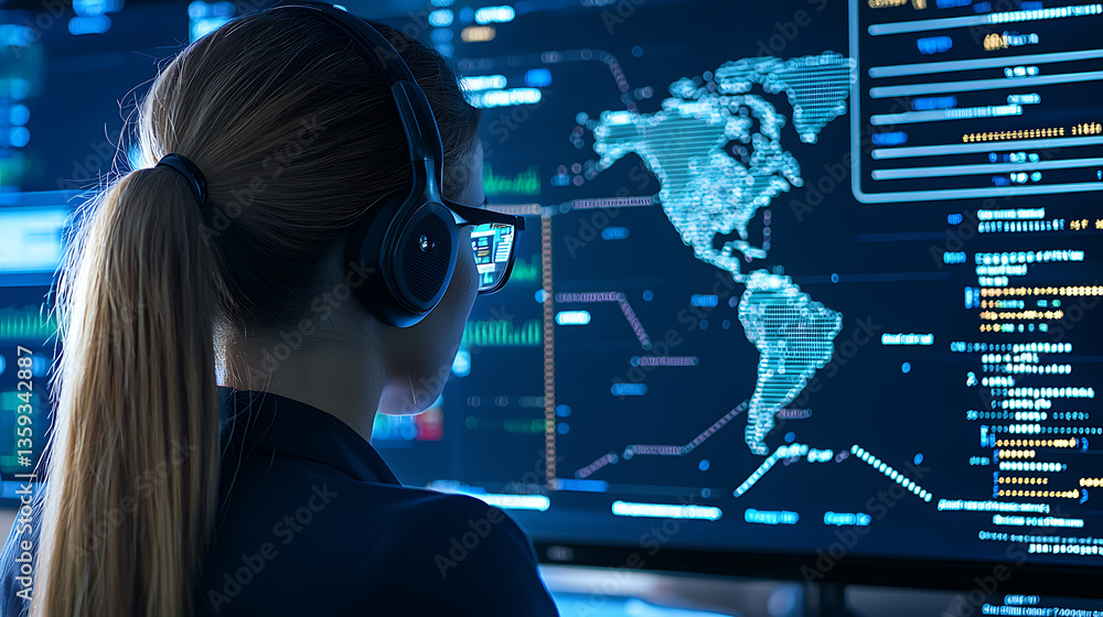 Poster cybersecurity analyst monitoring global data trends office environment digital display professional 