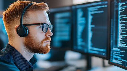 Coding session in a modern office focused programmer analyzing data professional environment close-up view