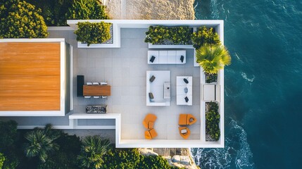 Contemporary white beach house, rooftop terrace with modern furniture, panoramic ocean views, drone perspective 