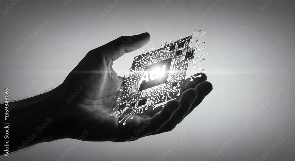 Poster glowing ai processor chip in hand, digital innovation concept, technology and future computing visua