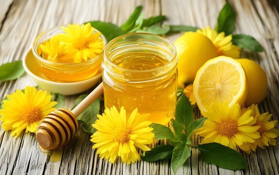 Delicious Honey with Lemon and Flowers Still Life Photography