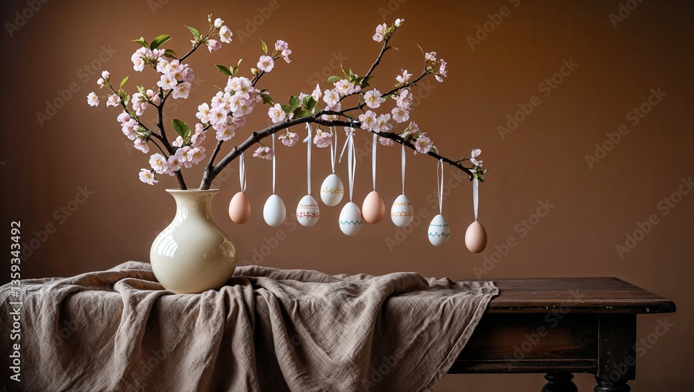 Poster spring decorations featuring pastel eggs on a flowering branch with soft textiles in a warm indoor s