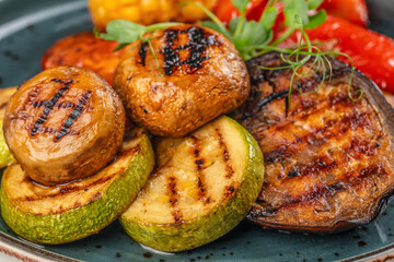 Assorted grilled vegetables on a plate Healthy, clean eating, top view