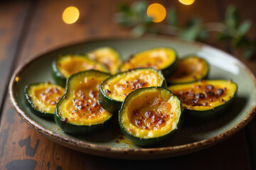 Roasted Acorn Squash Slices, in Green and Yellow Colors, Autumn Comfort Food with Bokeh Background