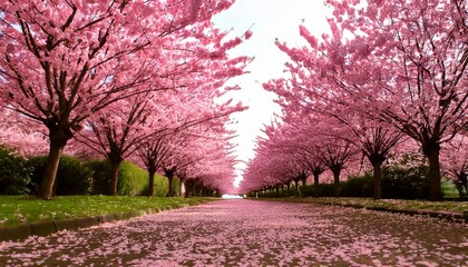 Naklejka premium 花びらでピンク色に染まった桜並木道