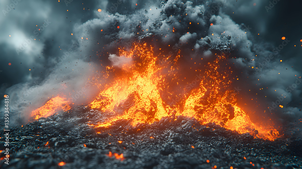 Poster eruption: a dynamic image of a volcano in the midst of an explosive eruption, showcasing the raw pow