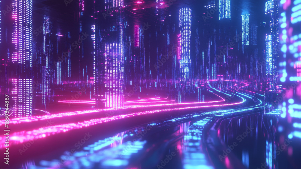 Poster big data concept. electrical impulse. futuristic wave and binary code. neon light. streaming technol