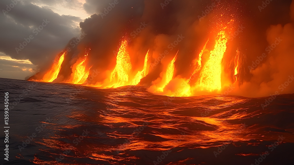 Poster lava entering ocean: a mesmerizing scene unfolds as molten lava dramatically cascades into the ocean