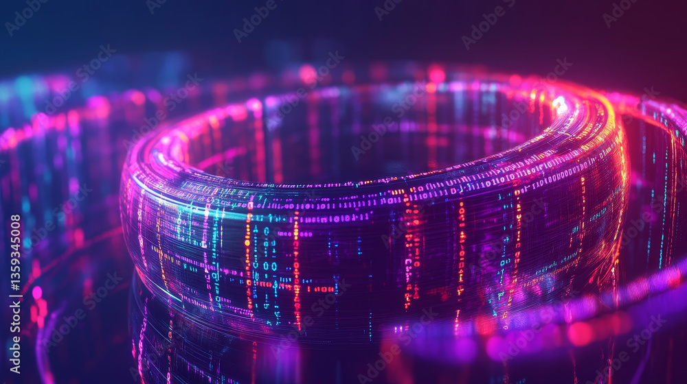 Poster big data concept. electrical impulse. futuristic wave and binary code. neon light. streaming technol