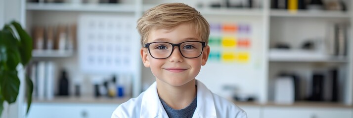 Young Boy with Eyeglasses Smiling in Opticians Office Children s Eye Care and Health