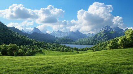 A tranquil mountain landscape with a serene lake, embodying peaceful nature, summer escape scenery