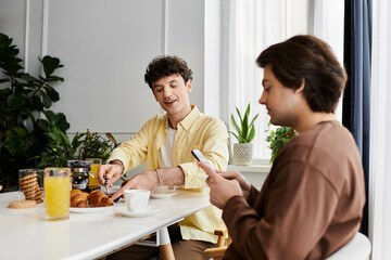 Culinary moments of love shared by a gay couple in a bright modern apartment