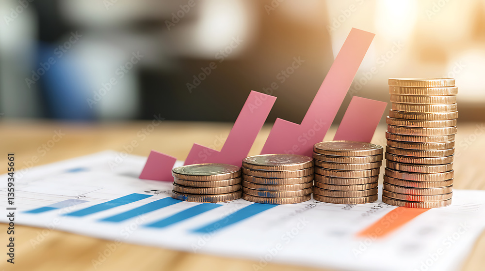Poster analyzing financial growth trends with coins and graphs business setting data visualization strategi