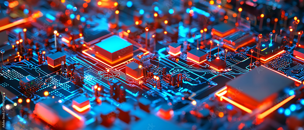 Poster exploring circuit design innovations high-tech environment digital age close-up view technology evol