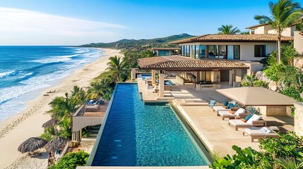 Fototapeta premium Elegant beachfront villa, rooftop terrace, pool shimmering in tropical sun, ocean waves and sandy beach visible below, aerial panoramic shot, midday brilliance. 