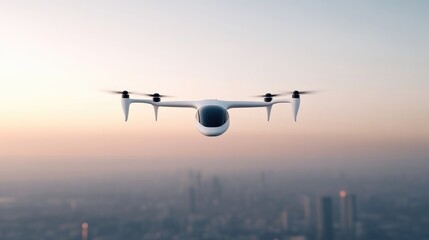 Fototapeta na wymiar VTOL air taxi over city skyline