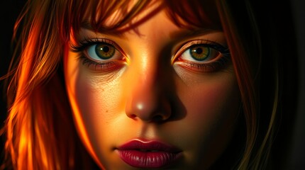 Close-up portrait of a young woman with captivating hazel eyes and reddish-orange hair, bathed in warm, contrasting light. Beauty and intrigue.