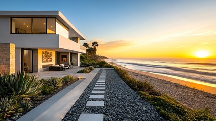 Fototapeta premium Elegant contemporary coastal home with a minimalist design, white faade accented by natural stone, beach pebbles lining the pathway, and ocean waves in the background 