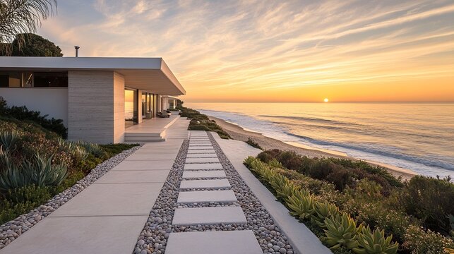 Elegant contemporary coastal home with a minimalist design, white faade accented by natural stone, beach pebbles lining the pathway, and ocean waves in the background 