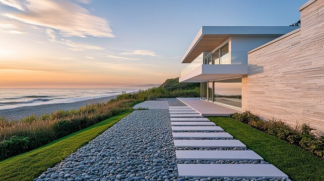Elegant contemporary coastal home with a minimalist design, white faade accented by natural stone, beach pebbles lining the pathway, and ocean waves in the background 