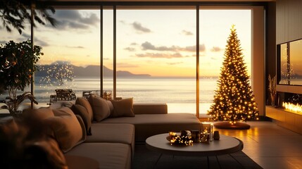 Fototapeta premium Elegant living room with warm Christmas decor, glowing yellow string lights, ocean sunset framed by glass walls, Christmas tree sparkling in the corner 