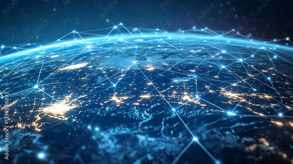 Poster global internet. communication and data exchange. the planet is shrouded in a digital network at the