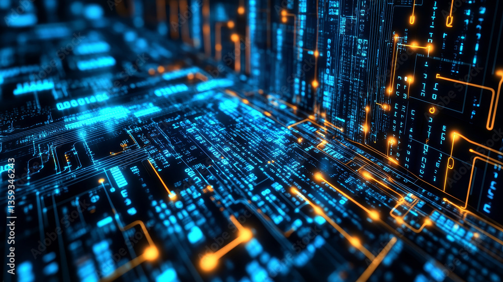 Poster digital field of information. data exchange and sales analytics. big data flow in futuristic databas