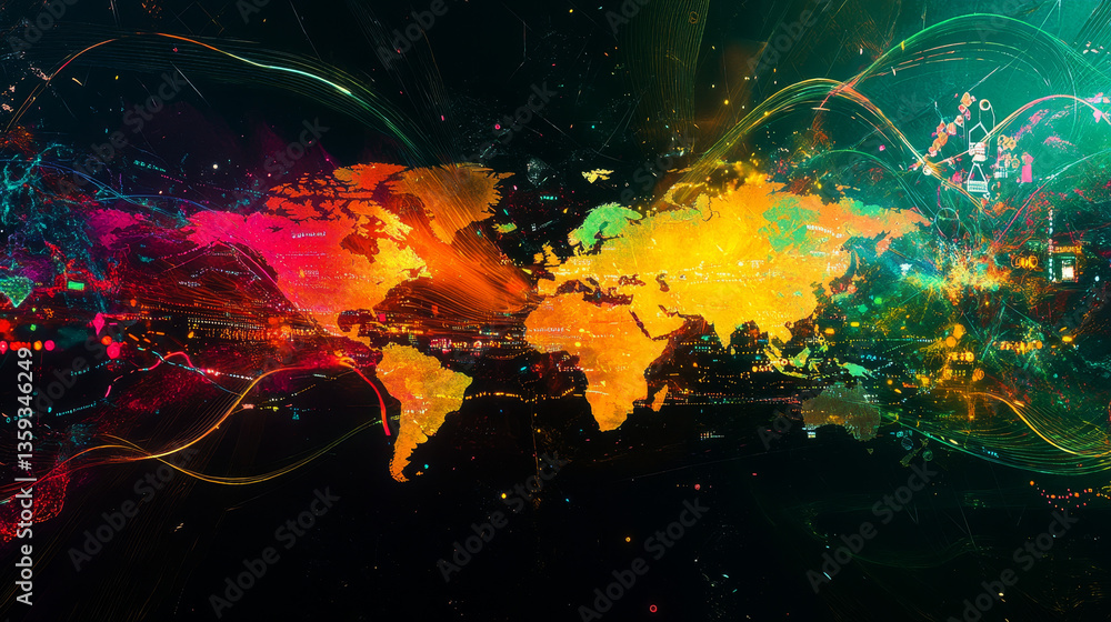 Poster abstract map of continents. globalization and geopolitics in high-tech world of future. 3d illustrat