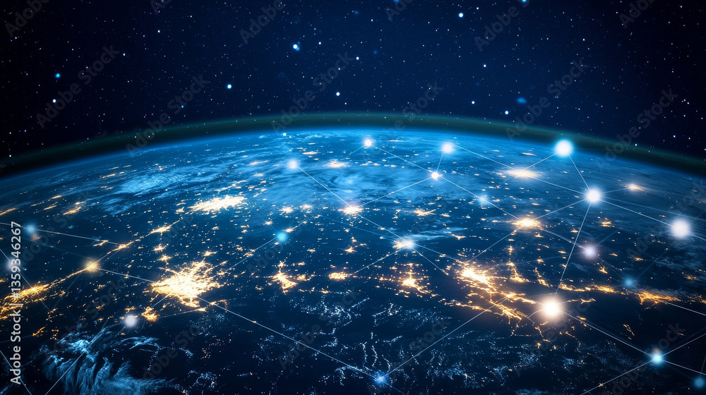 Poster global internet. communication and data exchange. the planet is shrouded in a digital network at the