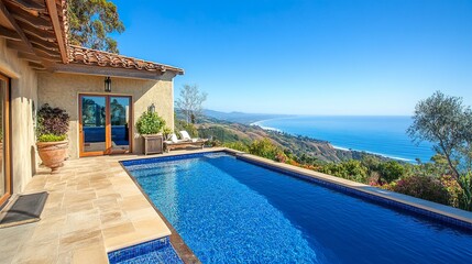Fototapeta premium Elegant Malibu home with open-plan living spaces, glass doors leading to a terrace with panoramic Pacific Ocean views, vibrant blue water under bright natural light 
