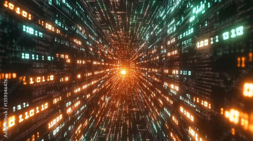 Poster cyber network, data flow, open source. 3d illustration of digital hi-tech particles