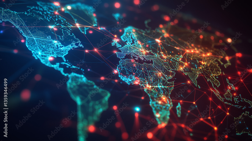 Poster abstract map of continents. globalization and geopolitics in high-tech world of future. 3d illustrat