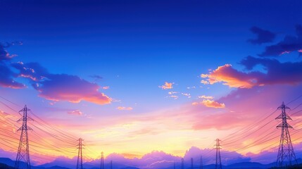 Naklejka premium A vibrant sunset with colorful clouds silhouetting power lines against a serene backdrop of mountains.