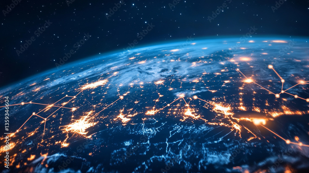Poster global internet. communication and data exchange. the planet is shrouded in a digital network at the