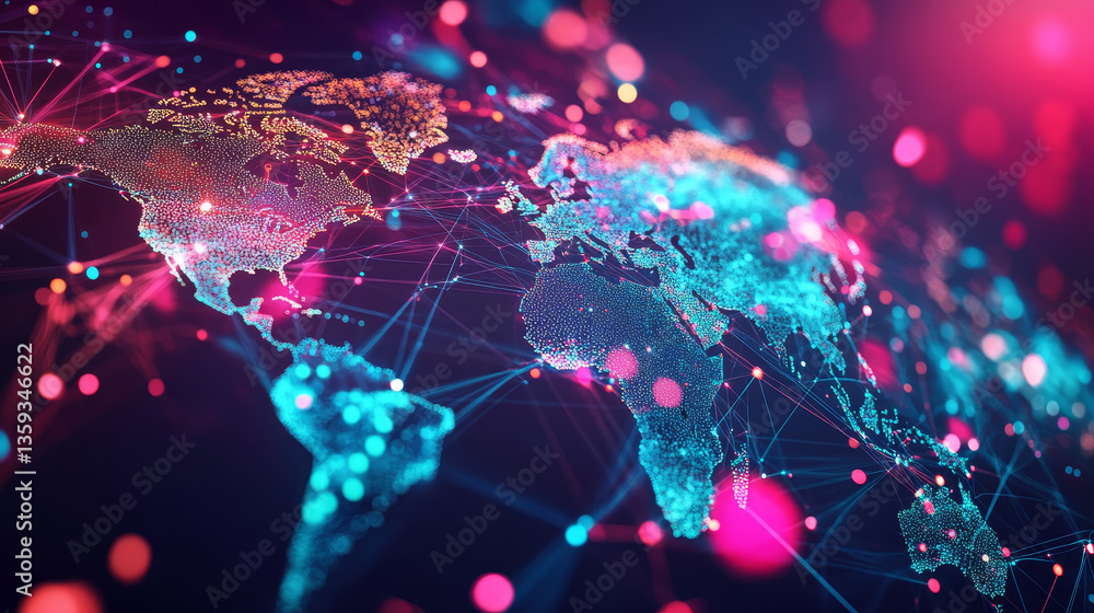 Poster abstract map of continents. globalization and geopolitics in high-tech world of future. 3d illustrat