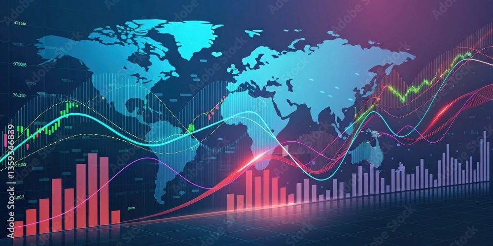 Poster a digital representation of a world map overlayed with financial graphs and data, illustrating globa
