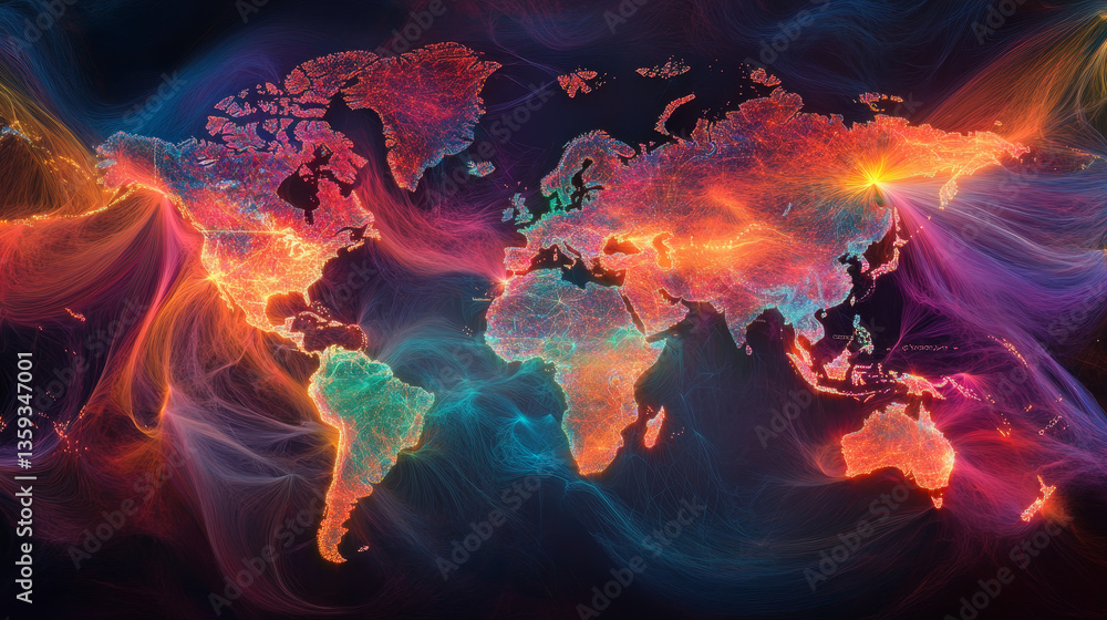 Poster abstract map of continents. globalization and geopolitics in high-tech world of future. 3d illustrat