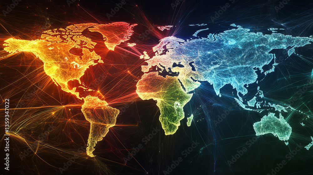 Poster abstract map of continents. globalization and geopolitics in high-tech world of future. 3d illustrat