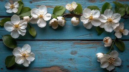 White Blossoms And Green Leaves On Weathered Blue Wooden Surface