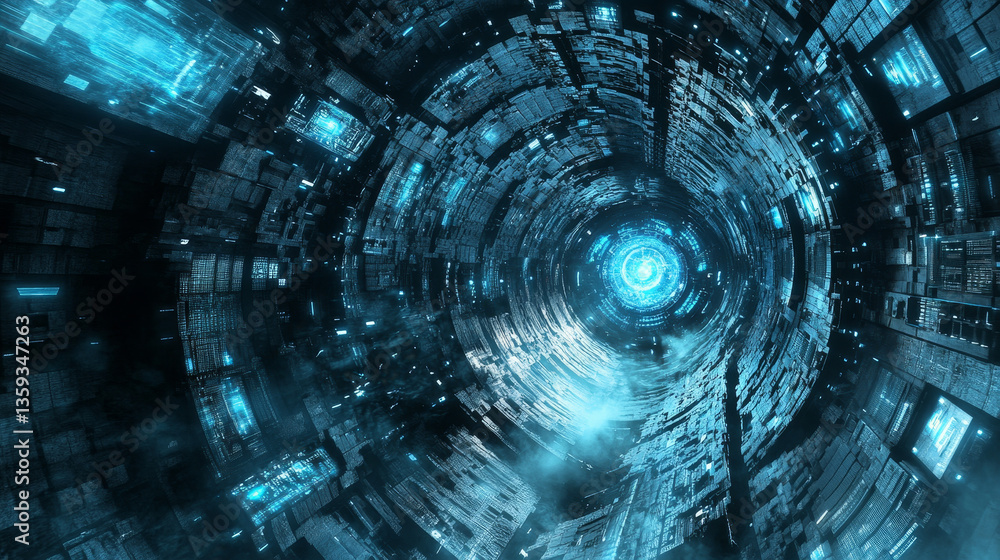 Poster futuristic mining farm. big data analytics platform. quantum processor in the global computer networ