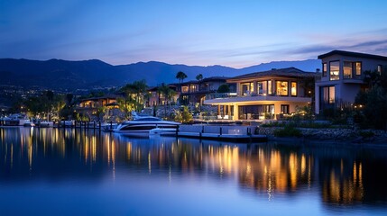Obraz premium Elegant waterfront home with private marina, panoramic mountain views, sleek modern design, twilight glow reflecting on the water 