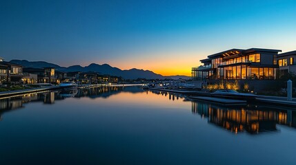 Obraz premium Elegant waterfront home with private marina, panoramic mountain views, sleek modern design, twilight glow reflecting on the water 