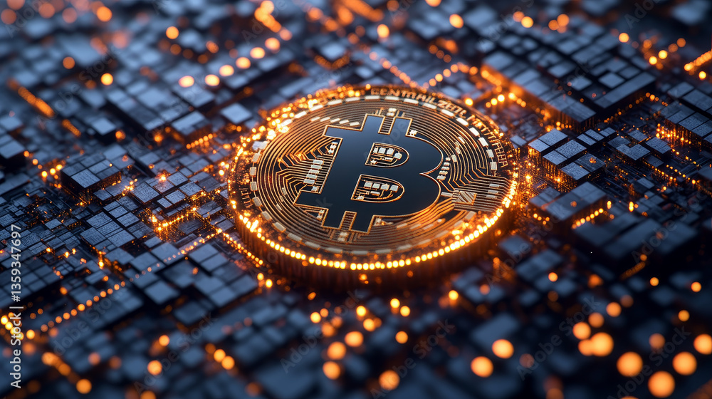 Poster bitcoin, cryptocurrency blockchain concept. 3d illustration of digital mining in global cyberspace