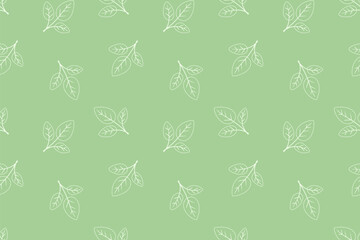 Elegant seamless pattern of delicate white leaves on a pastel green background.  Perfect for textile design, packaging, or website backgrounds.  Evokes freshness, nature, and serenity.