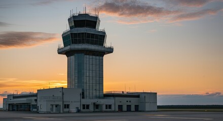 Obraz premium Air traffic control tower at sunset, clear sky, modern architecture