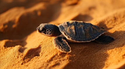 Obraz premium Baby Sea Turtle Crawling on Golden Sand