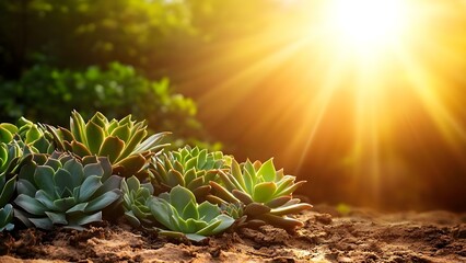 Fototapeta premium A vibrant scene of succulents bathed in sunlight, highlighting their lush greenery against a blurred natural background. Concept Succulent Portraits, Sunlit Greenery, Nature's Beauty