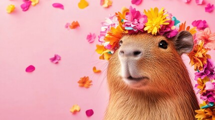 Adorable capybara wearing colorful flower crown on pink background. Cinco de Mayo, Battle of Puebla Day, Mexican Heritage Festival - Latin American Cultural Celebration
