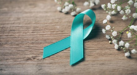 Teal ribbon and flowers on wooden background symbolize ovarian cancer awareness